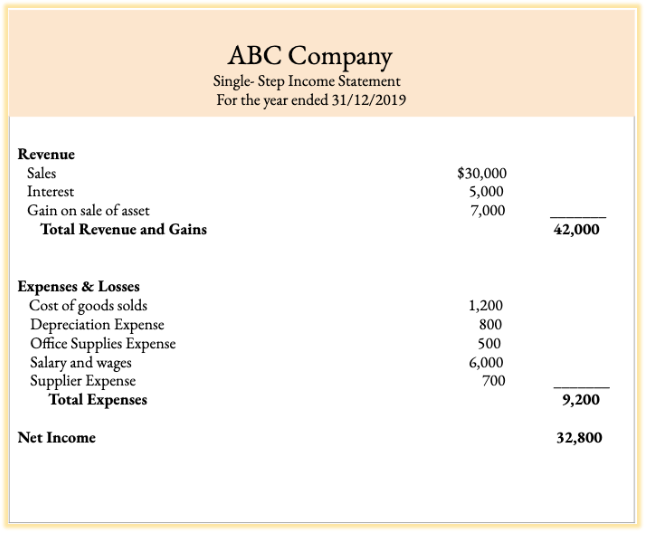 Format of the single-step income statement.
