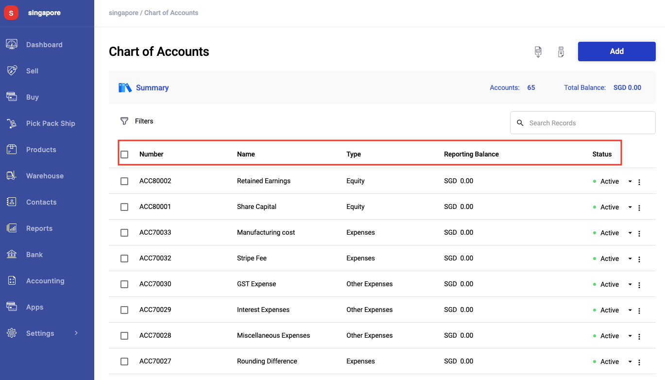 Deskera Books' Chart of Accounts