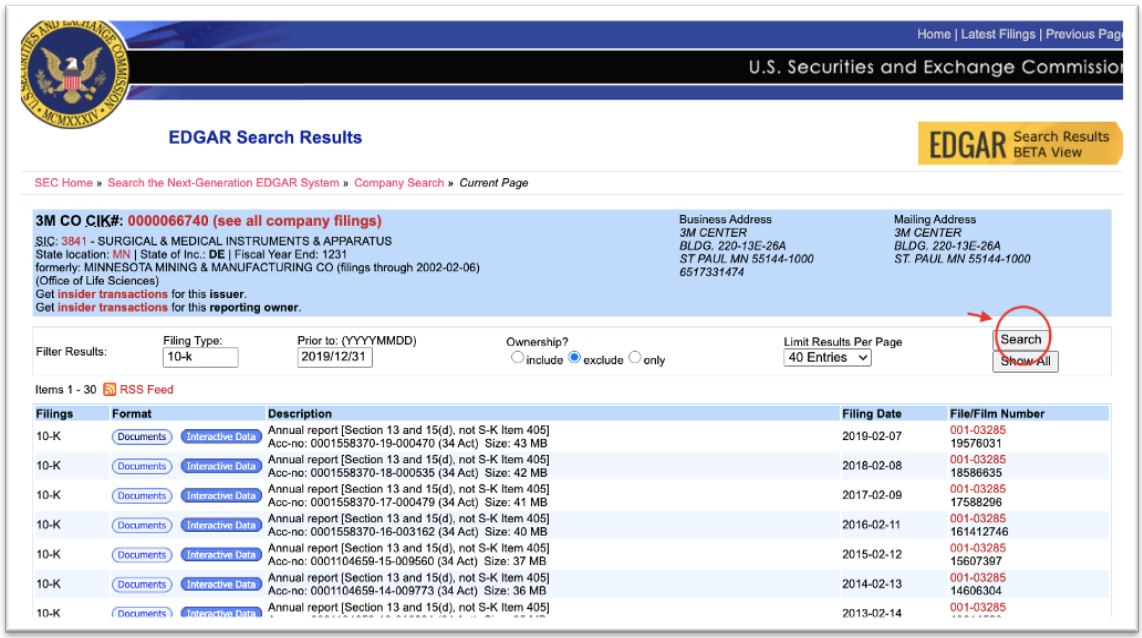 Apply the filter selection on EDGAR and search for the relevant reports