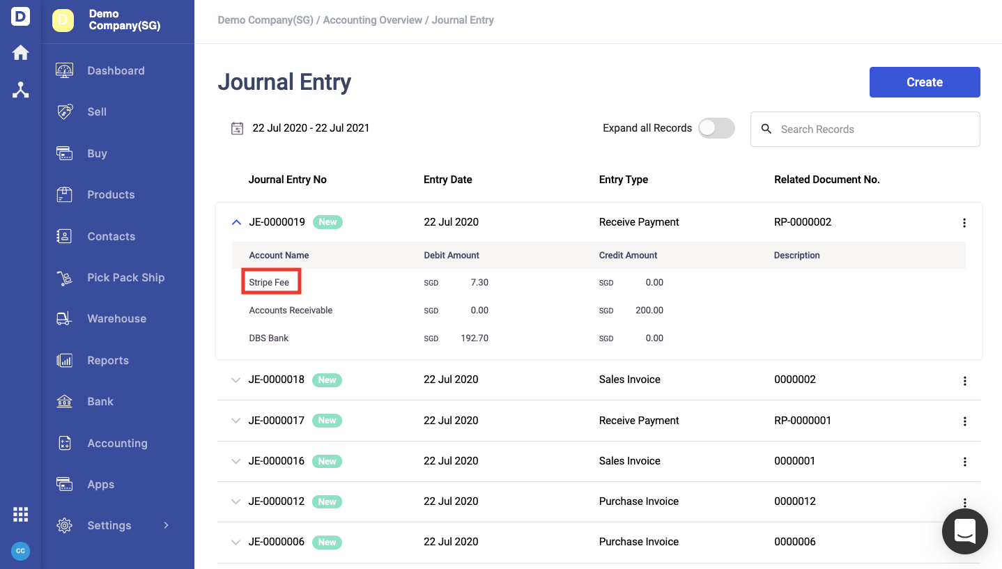 The accounting entry for Stripe payment on Deskera