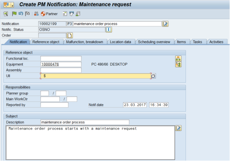 Maintenance Order Screen in SAP