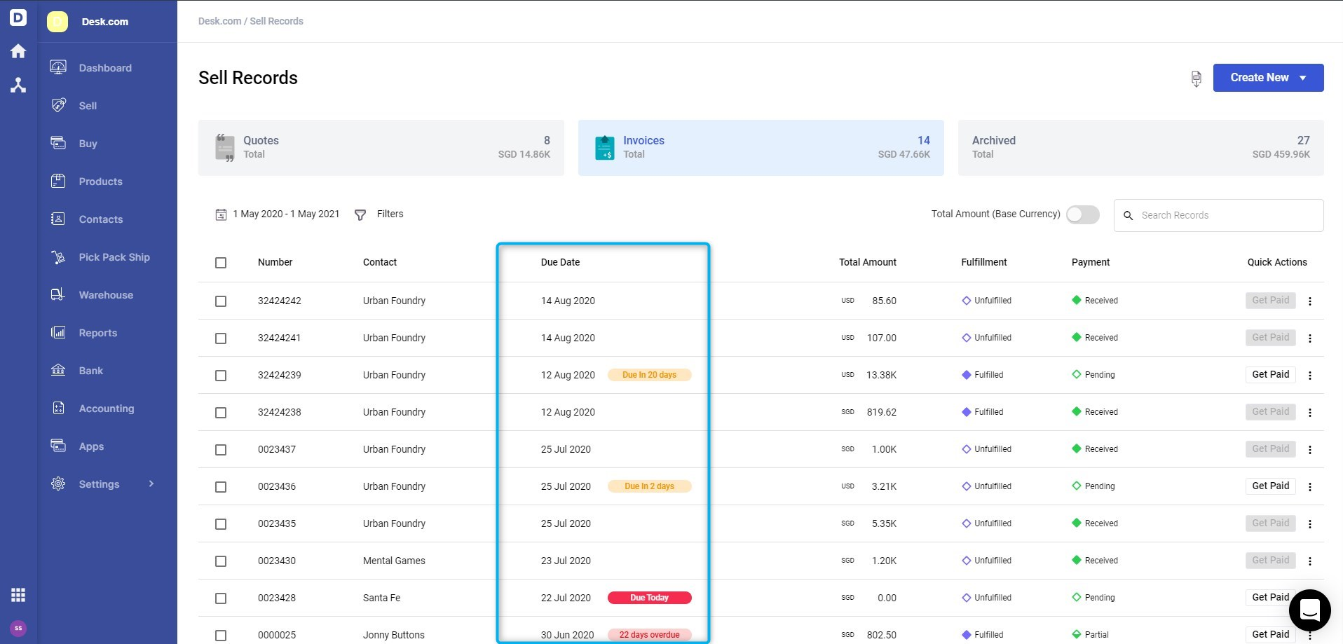 Track due dates and ageing of invoices, calculated as per payment terms with Deskera Books