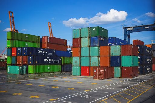 Steel containers stacked in a shipping yard