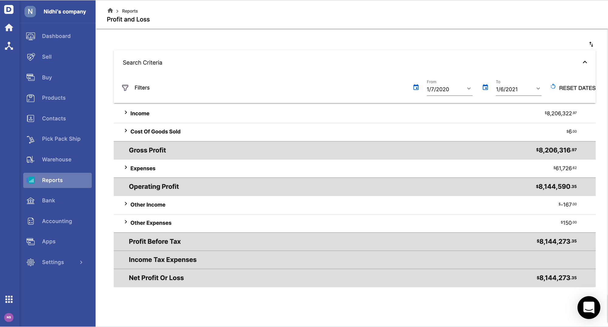 Deskera Profit and Loss Report