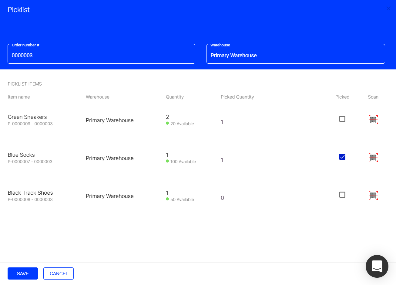 The picklist displays the product required, the warehouse involved, quantity and stock in current warehouse, and picked quantity.