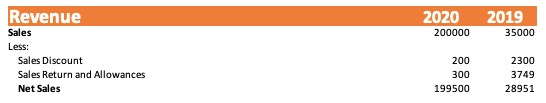 Revenue Section in a profit and loss statement