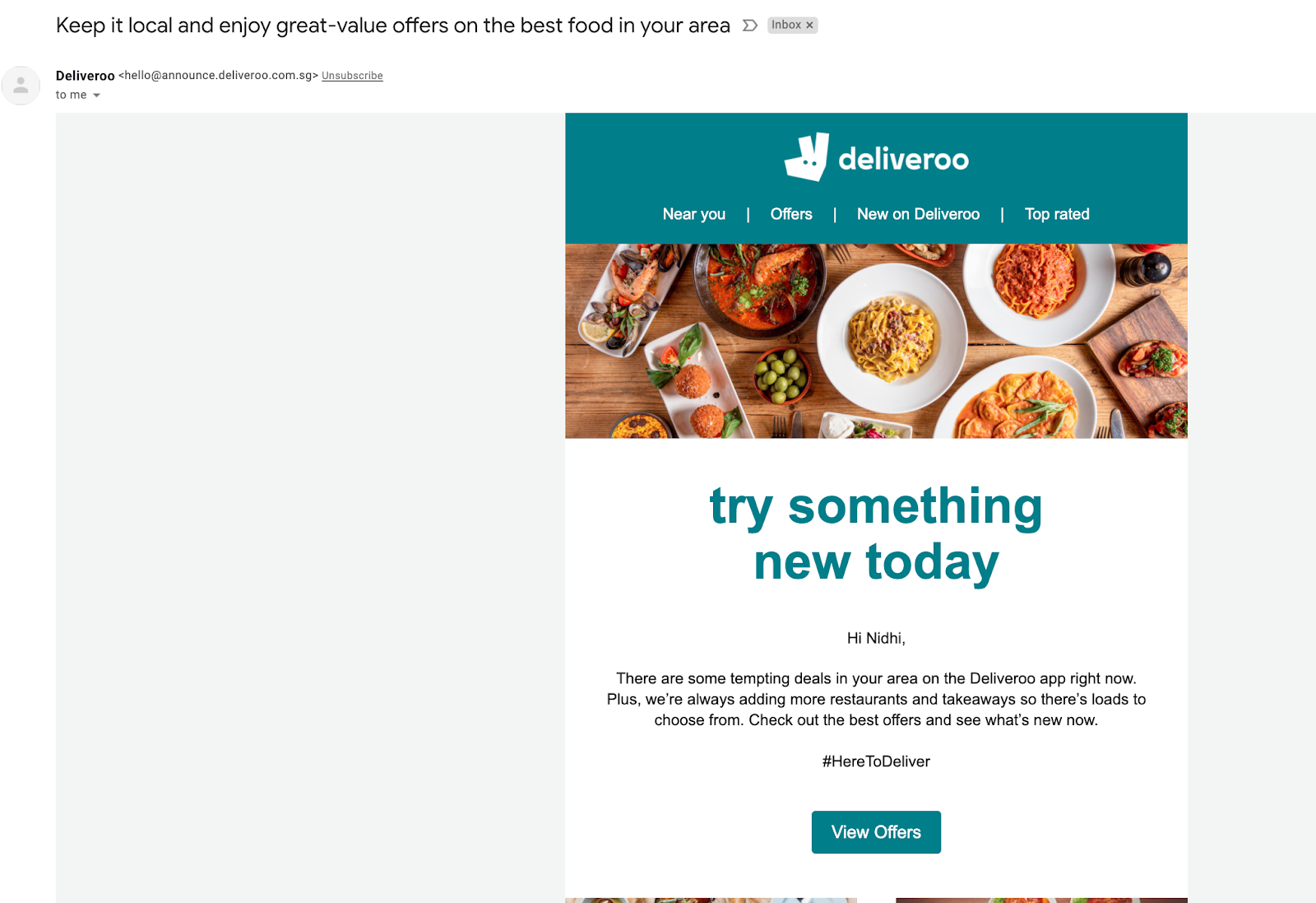 Email marketing campaign example by Deliveroo