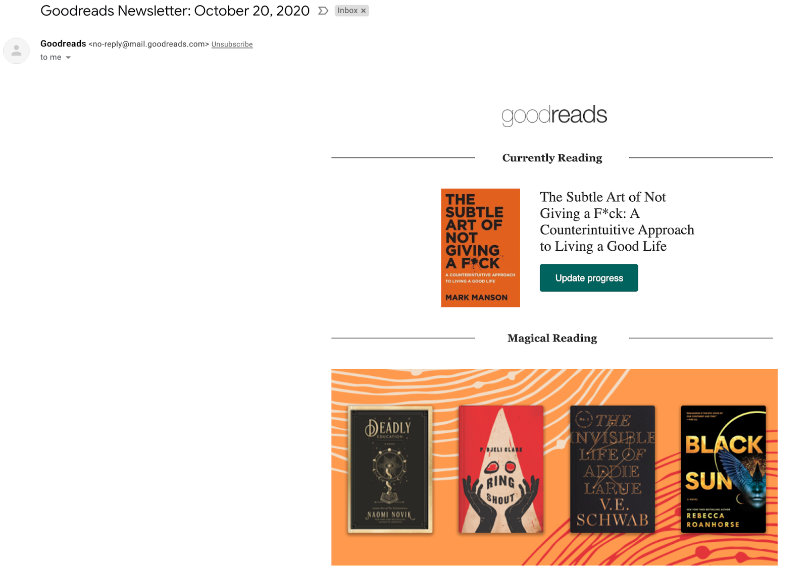 Email marketing campaign example by Goodreads