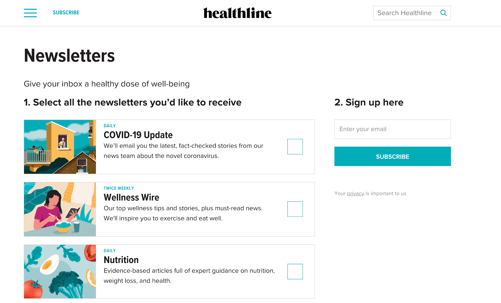 Example of free newsletter sign up form from Healthline website