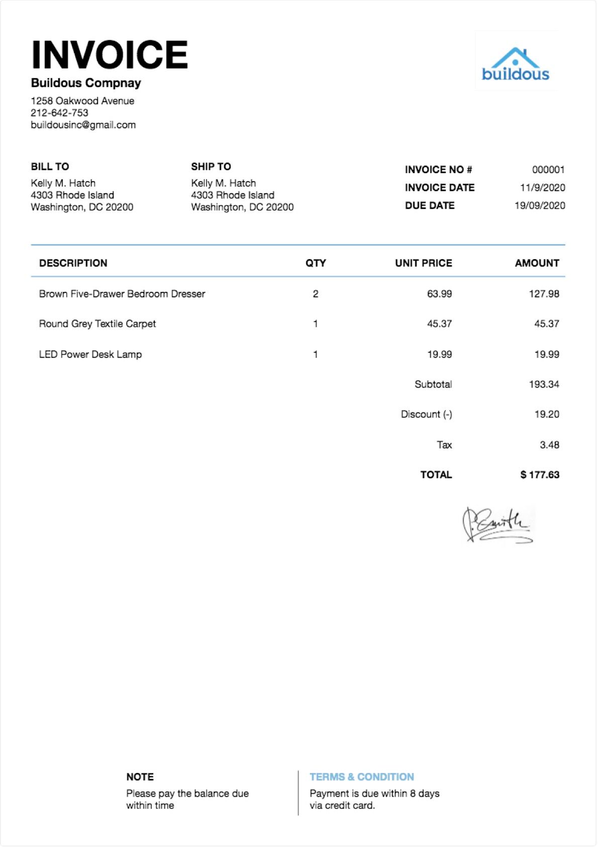 Written Invoice Template