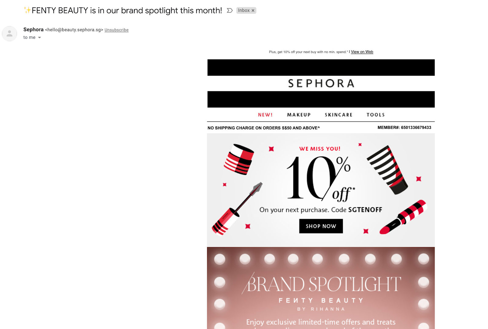 Email marketing campaign example by Sephora to promote their brand