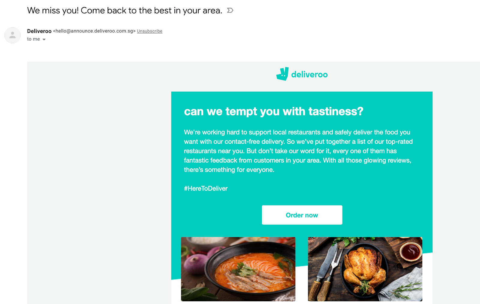 Email marketing campaign example by Deliveroo