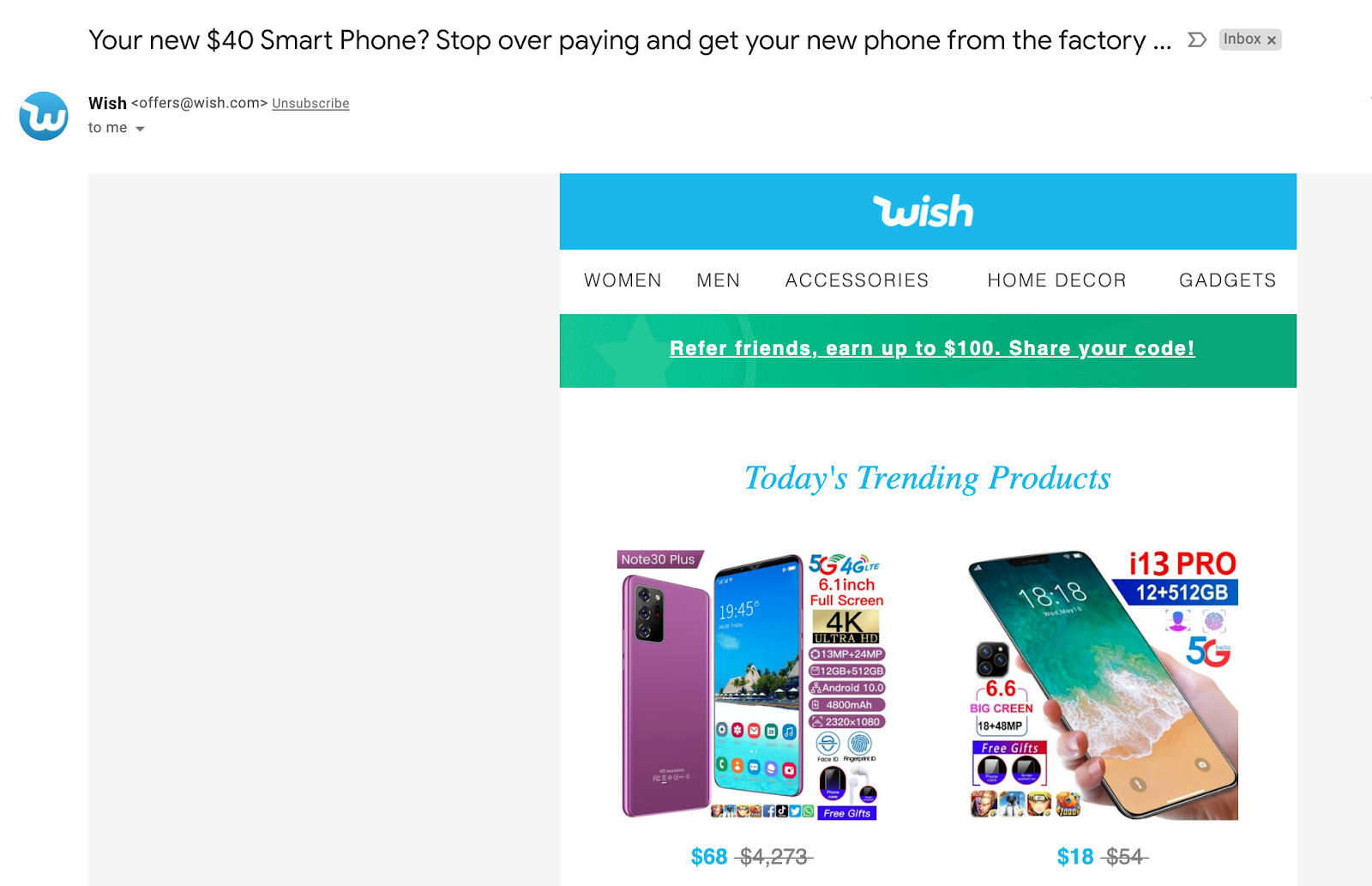 Email marketing campaign example by Wish