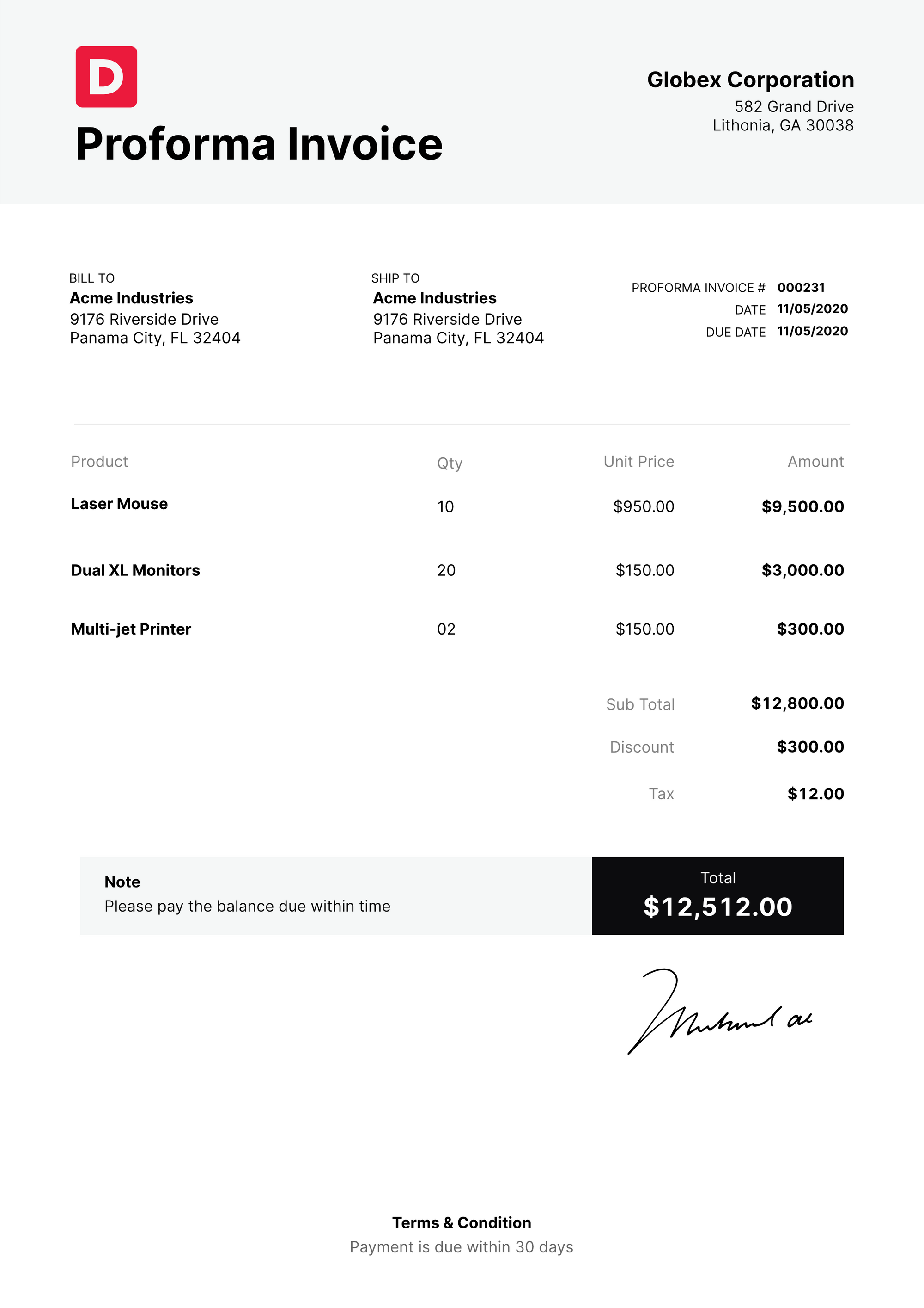 Pro-forma Invoice Type Example