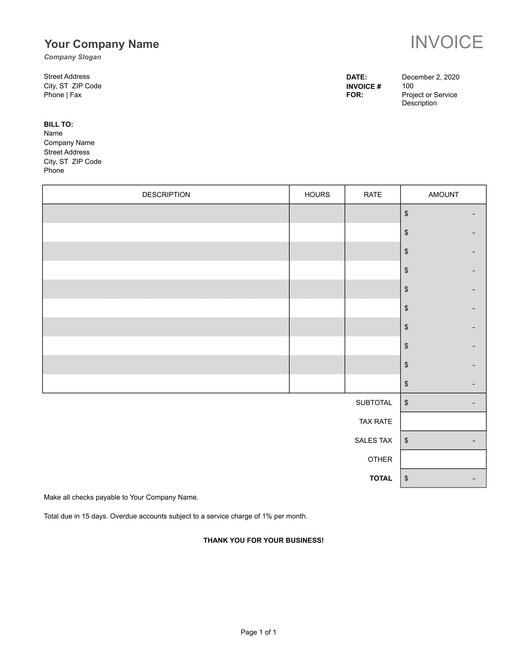 Time-based Service Excel Invoice Template