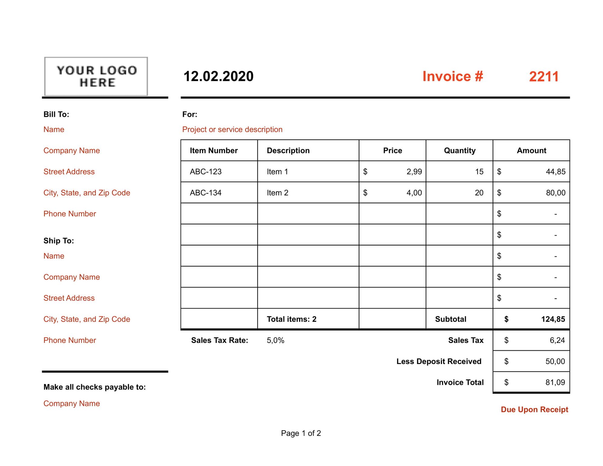 Simple Two-page Product Excel Template