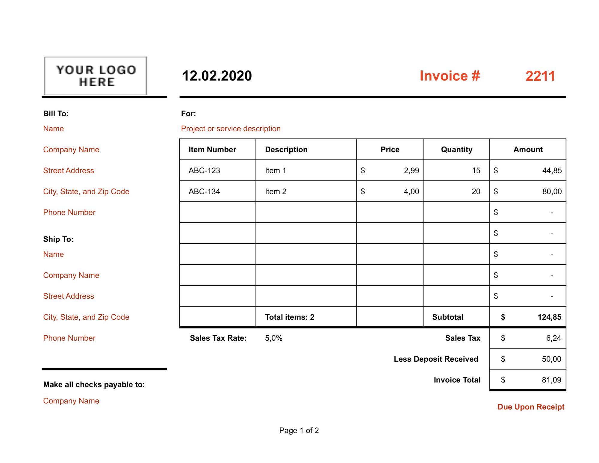 Sample Invoice Excel Template