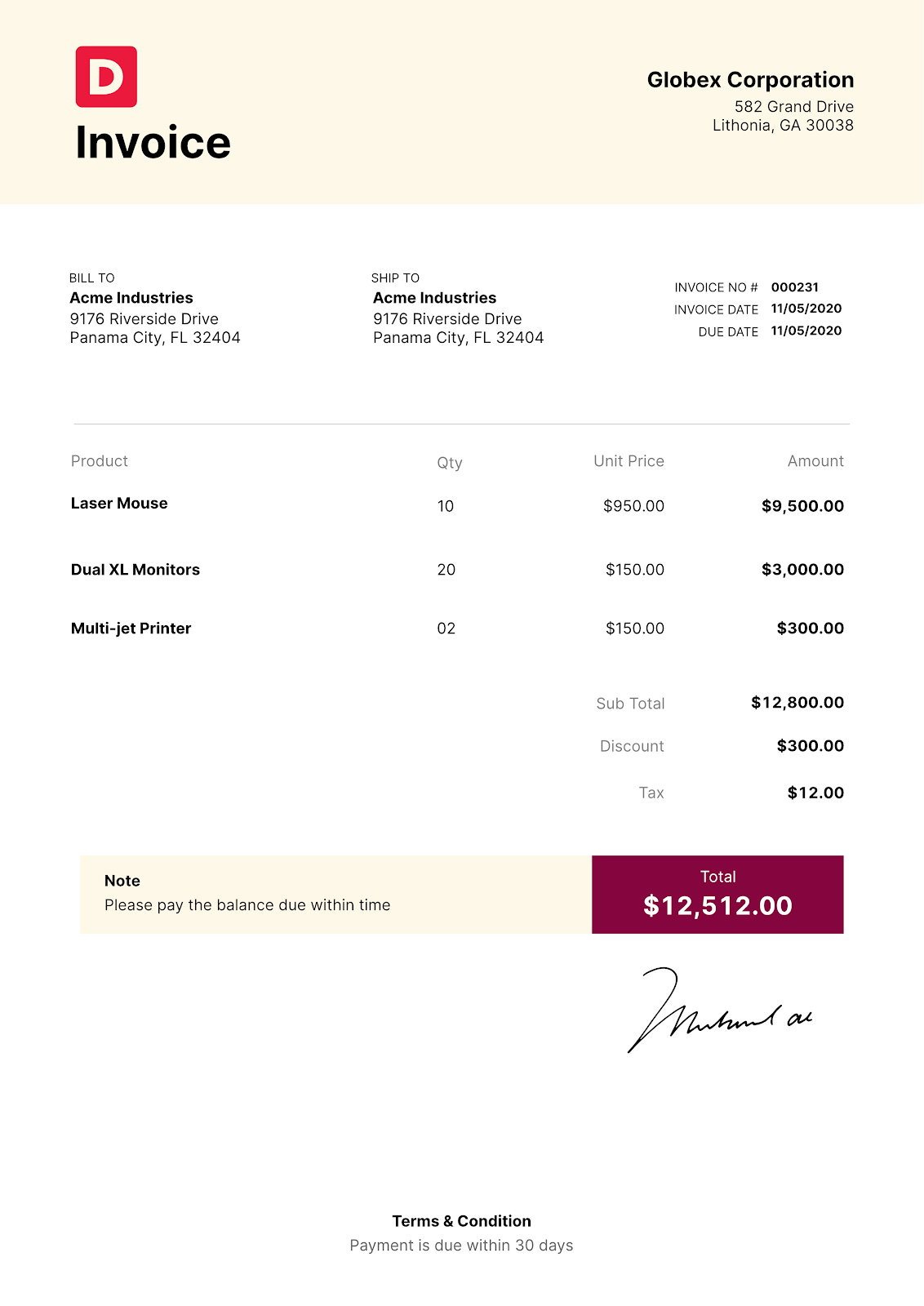 Final Invoice Type Example