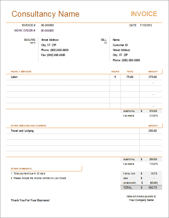 Consulting Services Excel Invoice Template