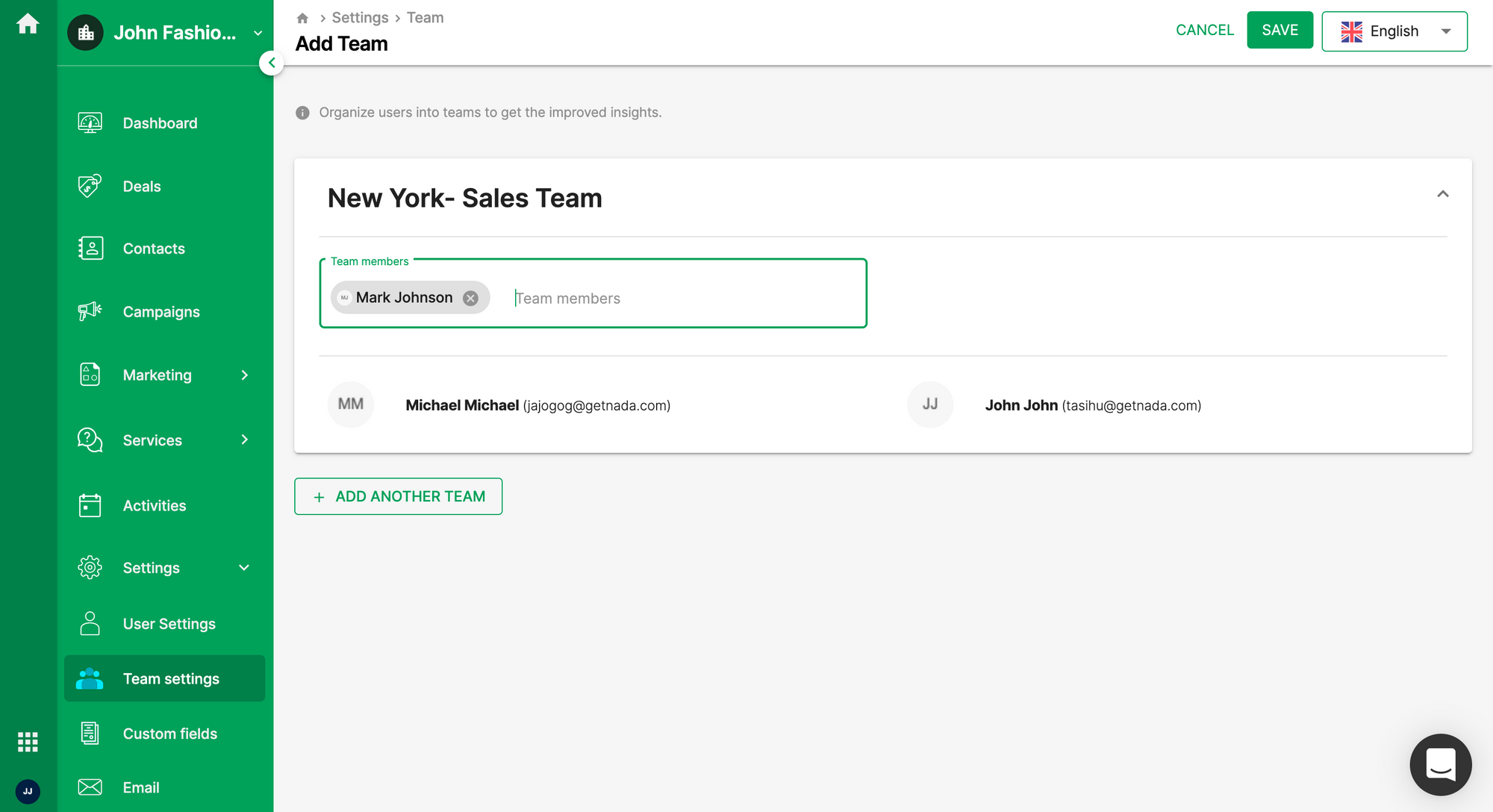 Creating a new team in Deskera Sales