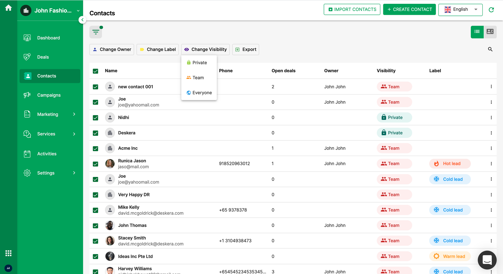 Managing contacts visibility