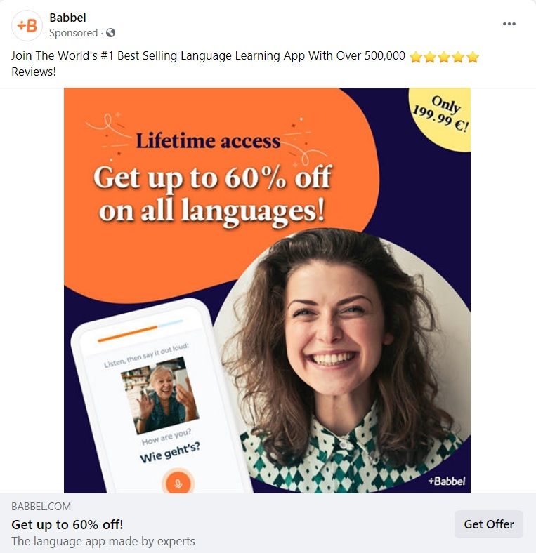 Babbel Facebook Ad CTA Example