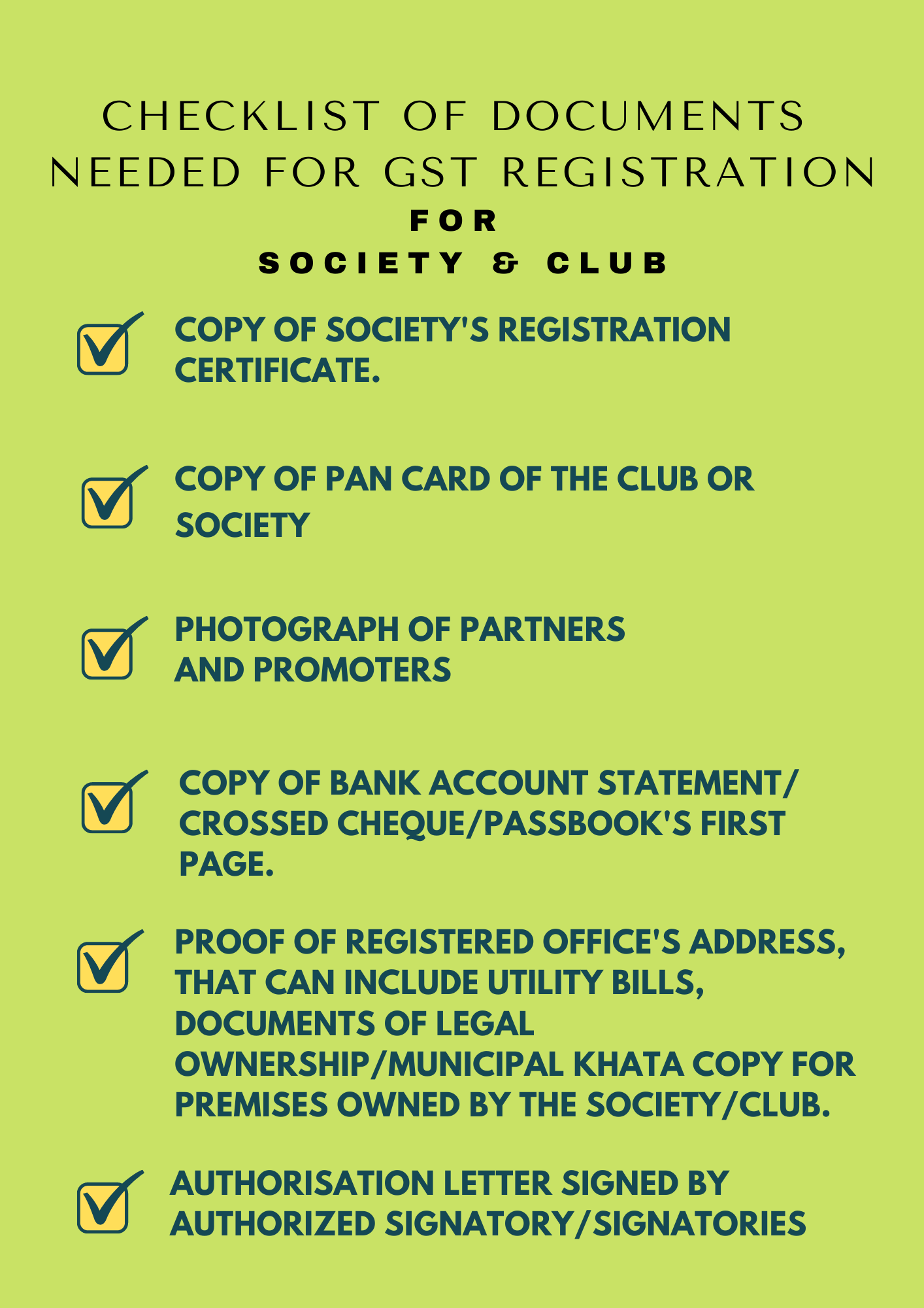 Documents needed for GST registration for Society & Club