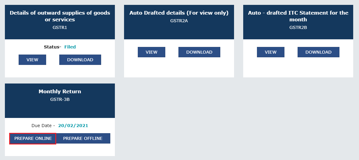 Preparing GSTR-3B online on the detailed file returns page