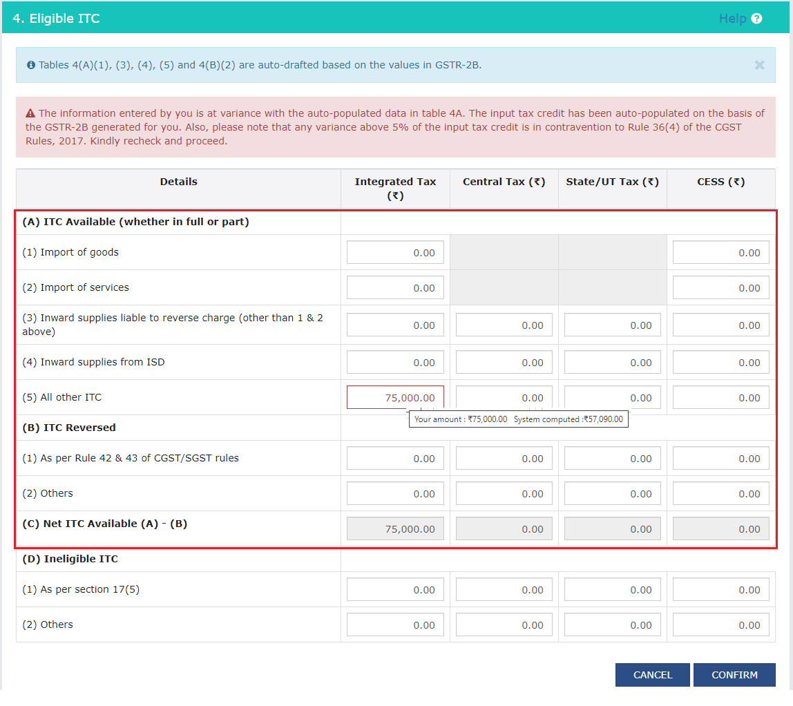 In case of upward or downward variance in your ITC details