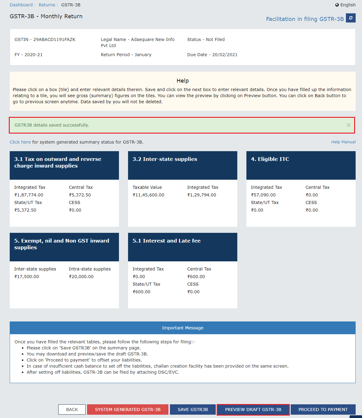 Preview Draft Form GSTR-3B