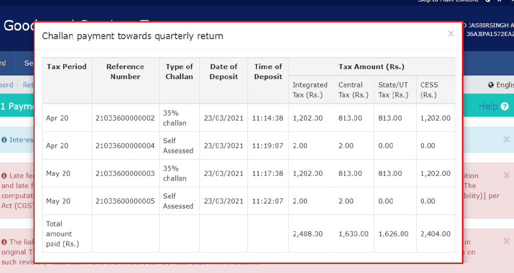 Format of payments made in quarter details