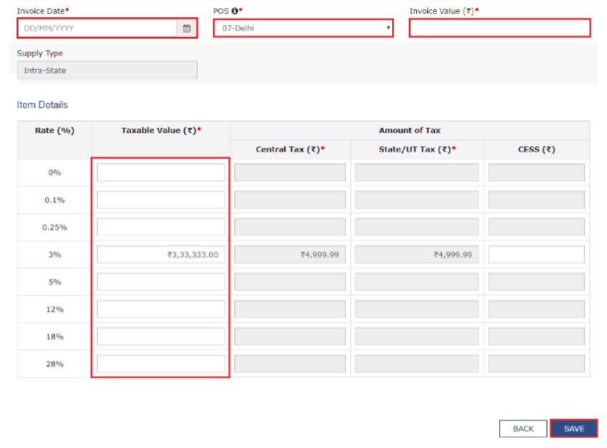 Step 17: Enter the taxable value of the goods/services and the cess amount in case of intra-state supply