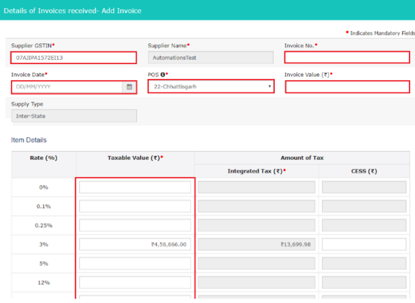 Step 20: Enter the taxable value of the goods/services and the cess amount in case of inter-state supply