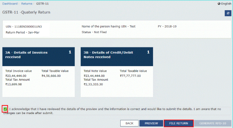 Step 28: Selecting the declaration box before filing the return GSTR 11