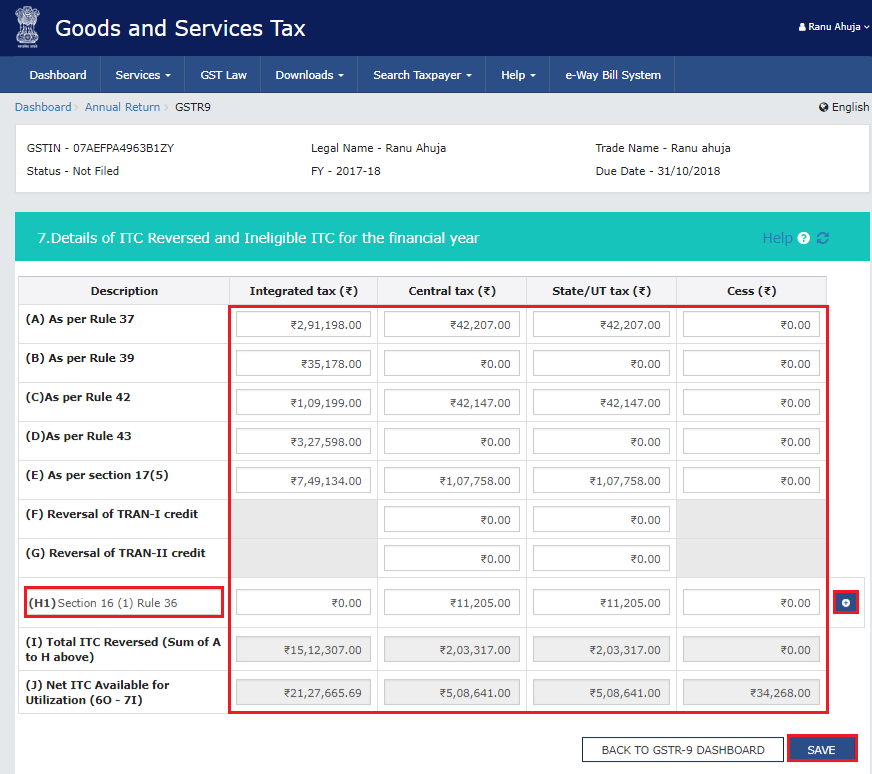 Adding more rows in the tile- Details of ITC reversed and ineligible ITC for the financial year in Form GSTR-9