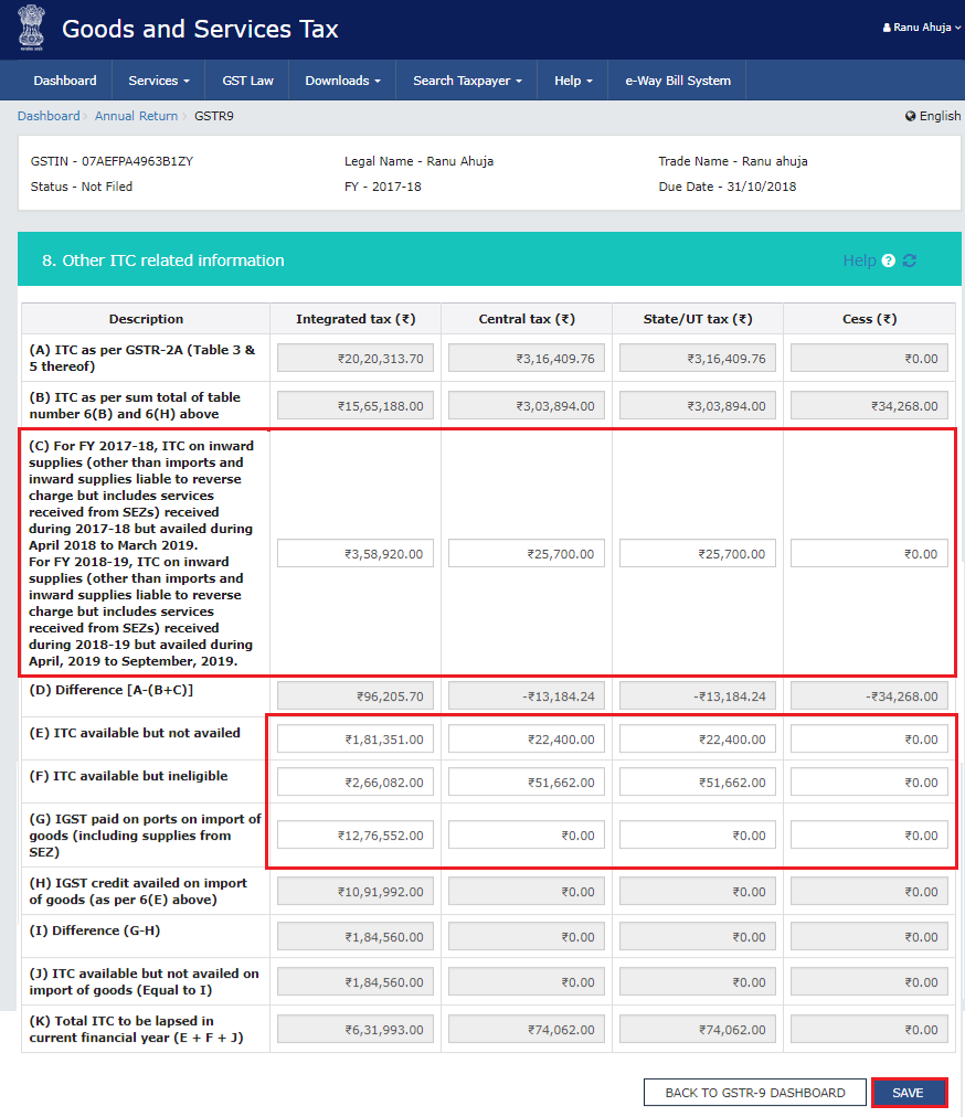 Other ITC related information to be filled in row C, E, F and G of the table in Form GSTR-9