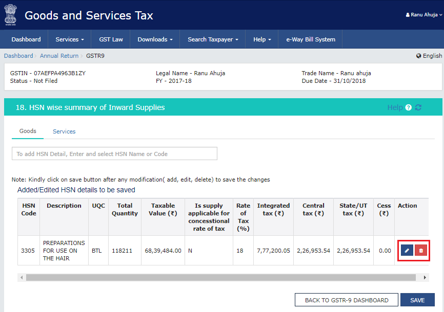 Adding or deleting buttons to add/delete HSN details in Form GSTR-9