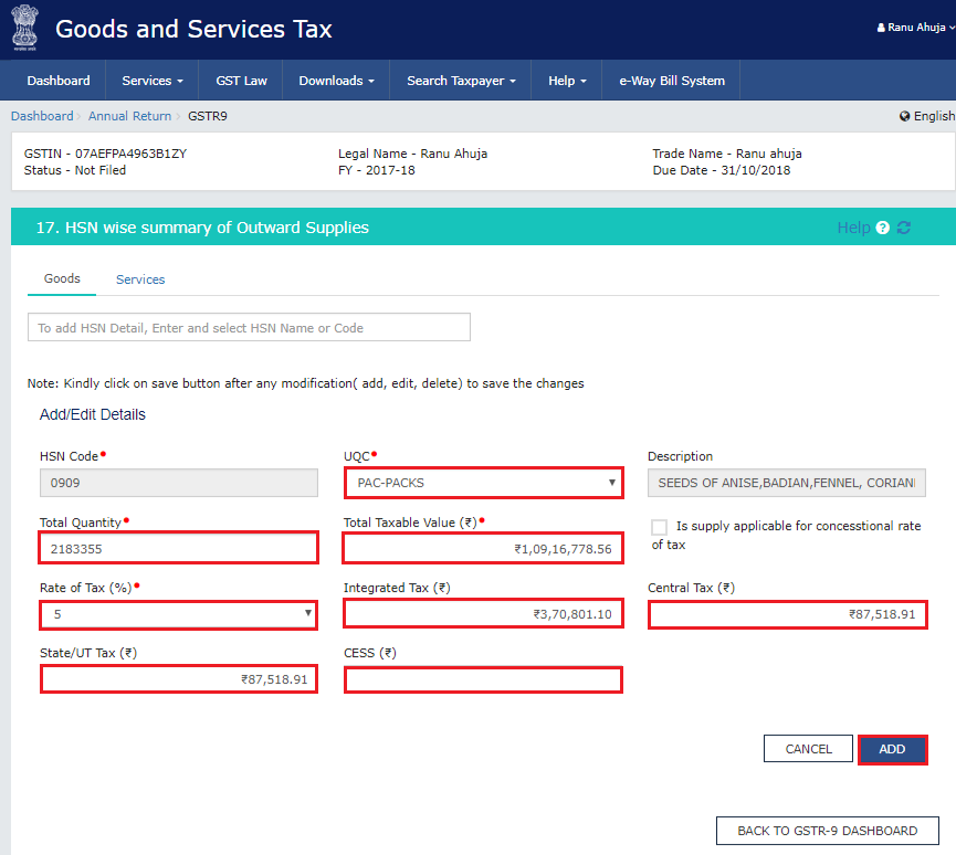 HSN wise summary of outward supplies in Form GSTR-9