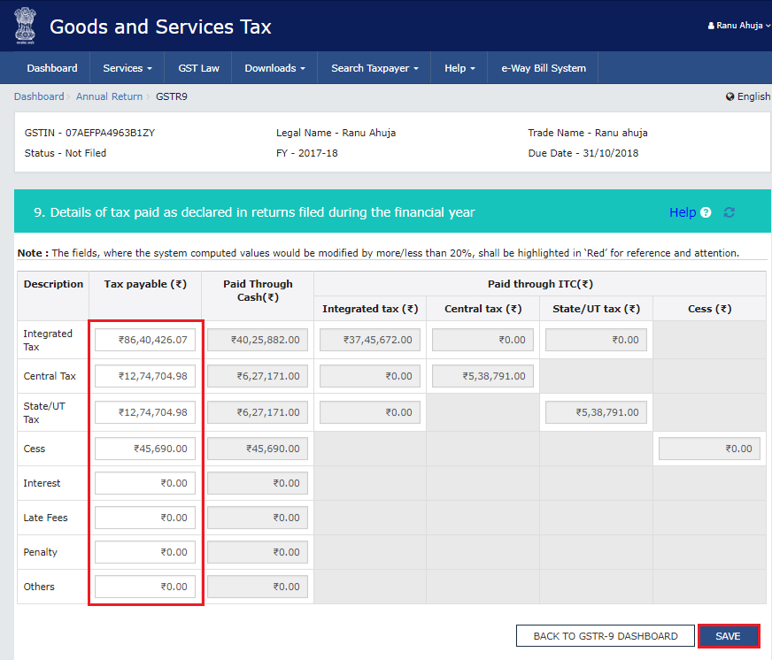 Details of tax paid as declared in returns filed during the financial year in Form GSTR-9