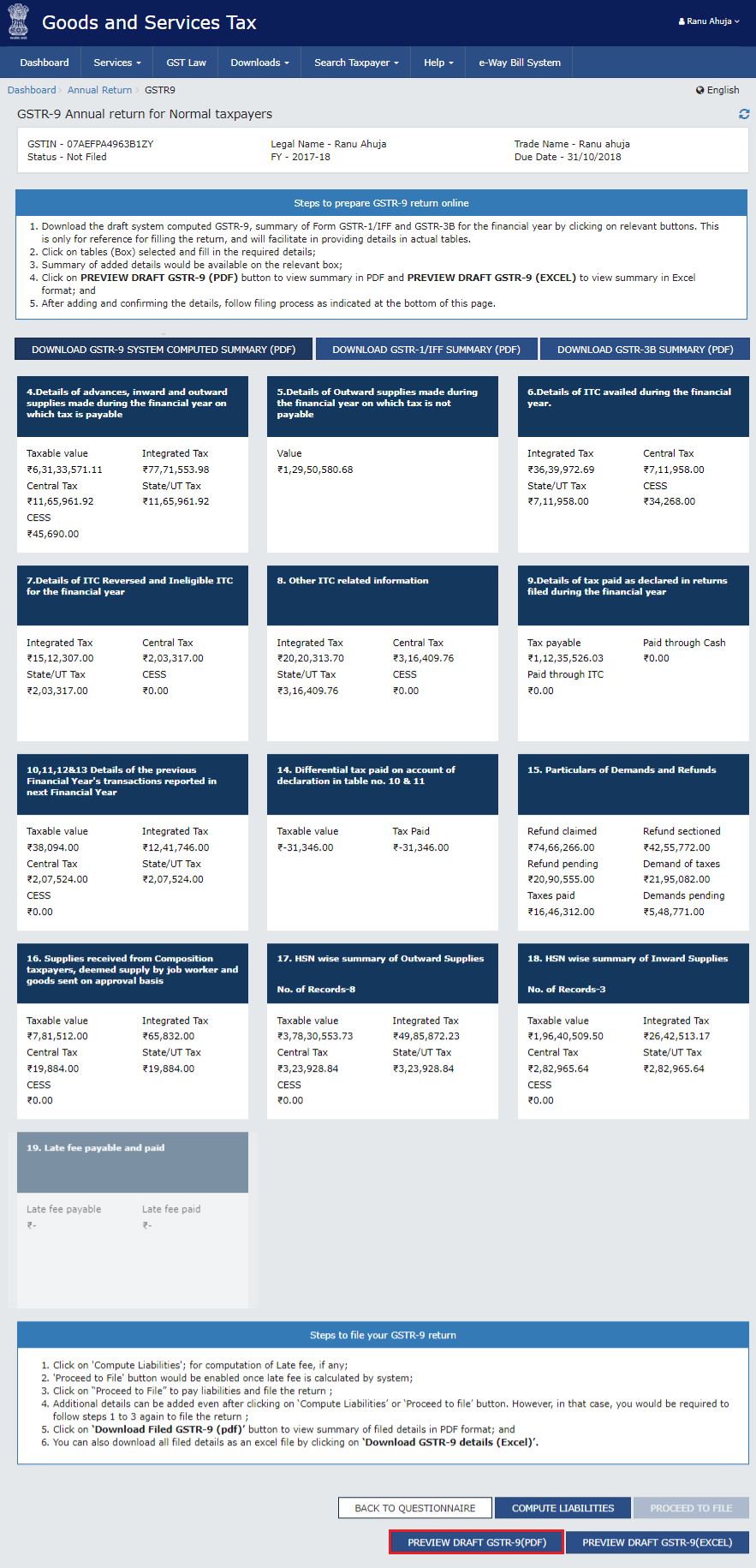 Preview form GSTR-9 summary before filing it