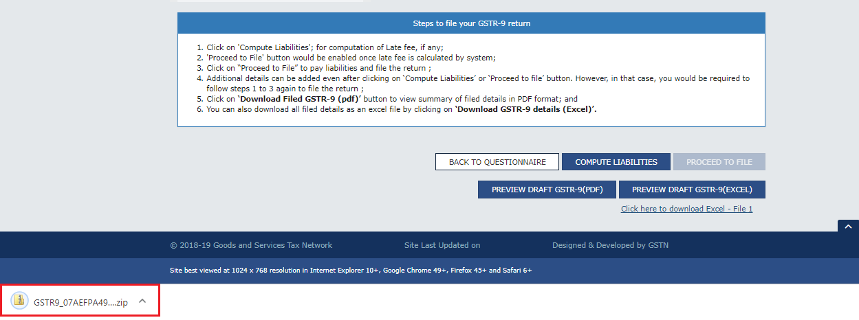 Zip file will be downloaded of the draft form GSTR-9 in excel format