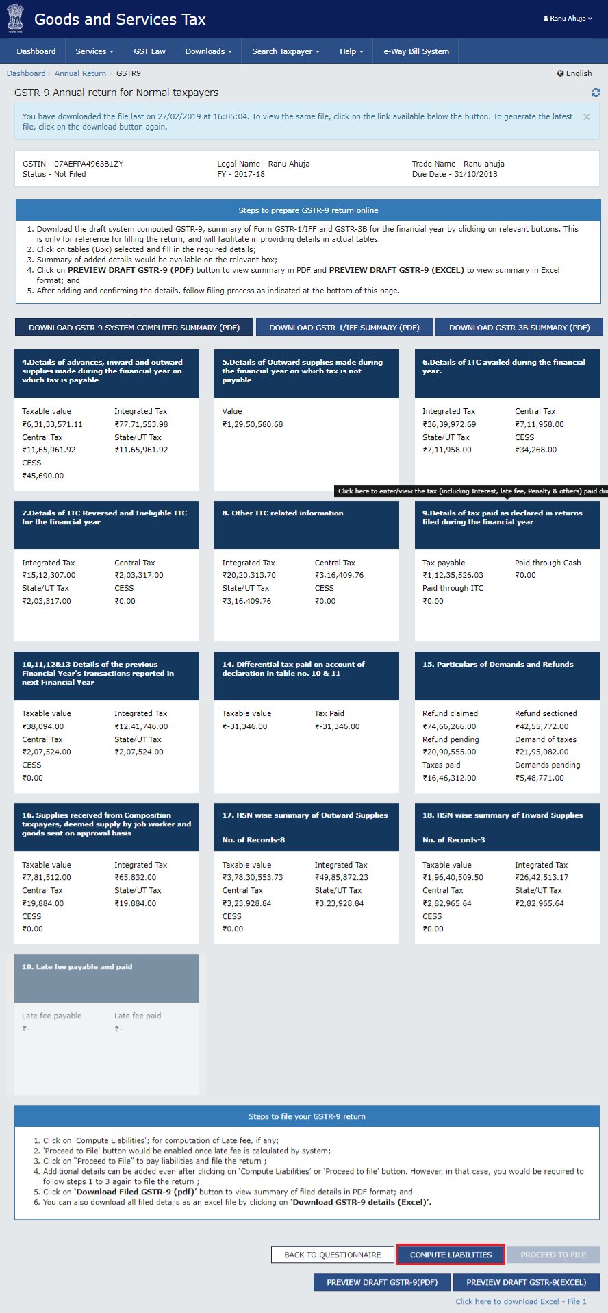 Computing liabilities before filing GSTR-9
