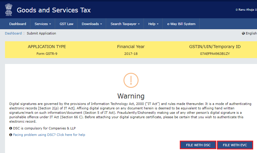 File GSTR-9 with DSC/EVC