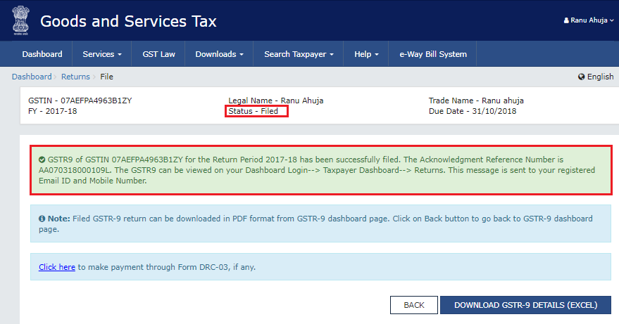 ARN is generated and the status is changed after successful filing of GSTR-9