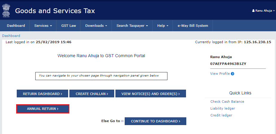 Alternative way for accessing the annual returns dashboard to file GSTR-9