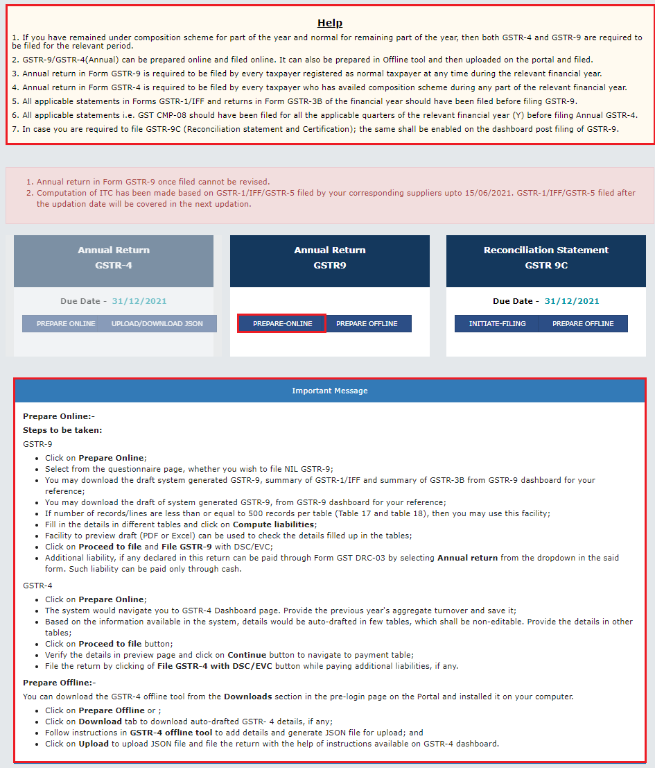 Detailed file annual returns page to file GSTR-9