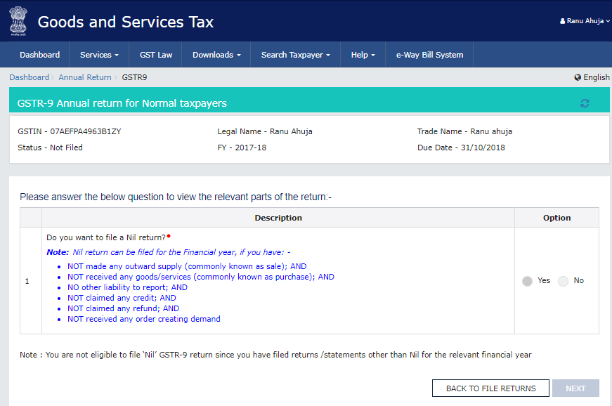 Answering the question to proceed to the next screen to file GSTR-9