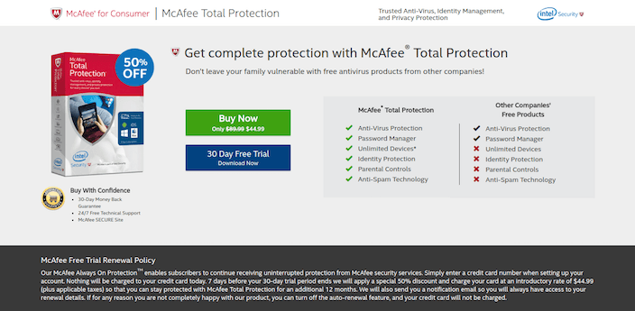 Click-Through Landing Page Example 9: McAfee