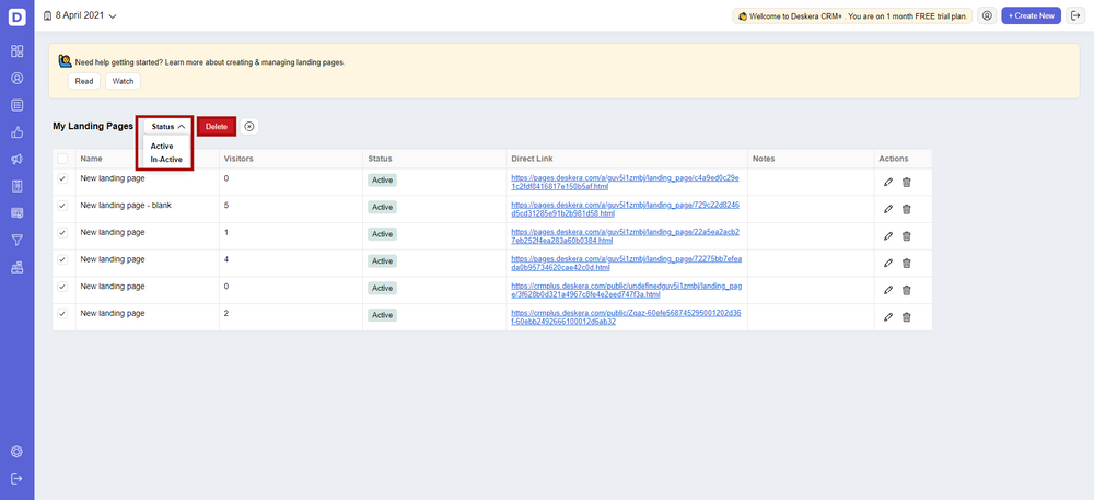 Deskera CRM+ Landing Pages Status Dashboard