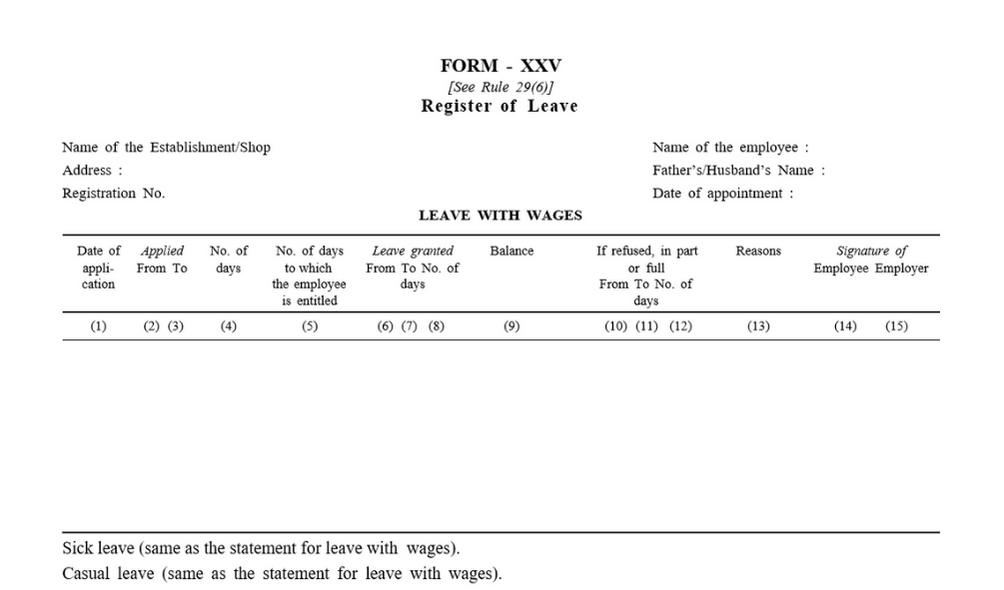 Andhra Pradesh Form XXV Register of Leave